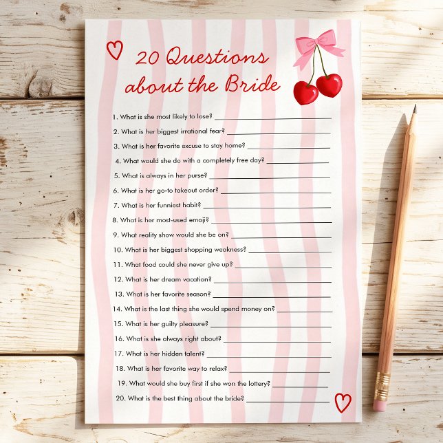 20 Questions about Bride Cherry Bridal Shower Game (Creator Uploaded)
