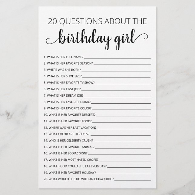 20 Questions about the Birthday Girl Birthday game (Front)
