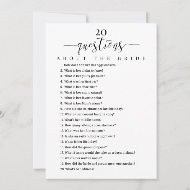 20 Questions about the Bride Bridal Shower Game Invitation (Front)