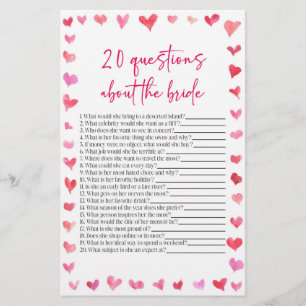 20 Questions About The Bride Bridal Shower Game  Stationery
