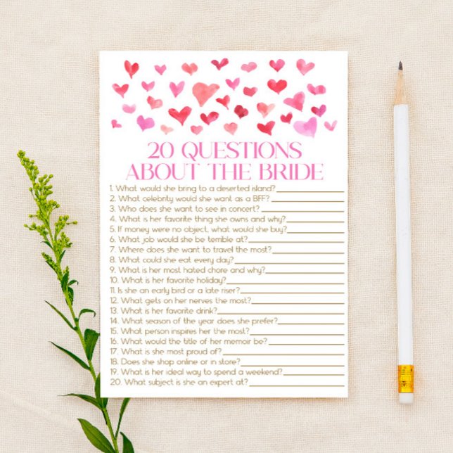 20 Questions About The Bride Bridal Shower Game  Stationery (Creator Uploaded)