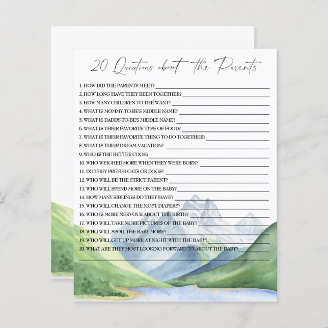 20 Questions about the Parents baby shower game (Front/Back)