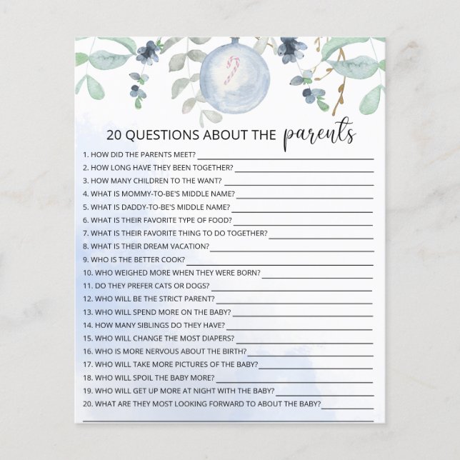 20 Questions about the Parents baby shower game (Front)