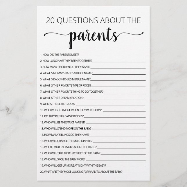 20 Questions about the Parents Baby Shower game (Front)