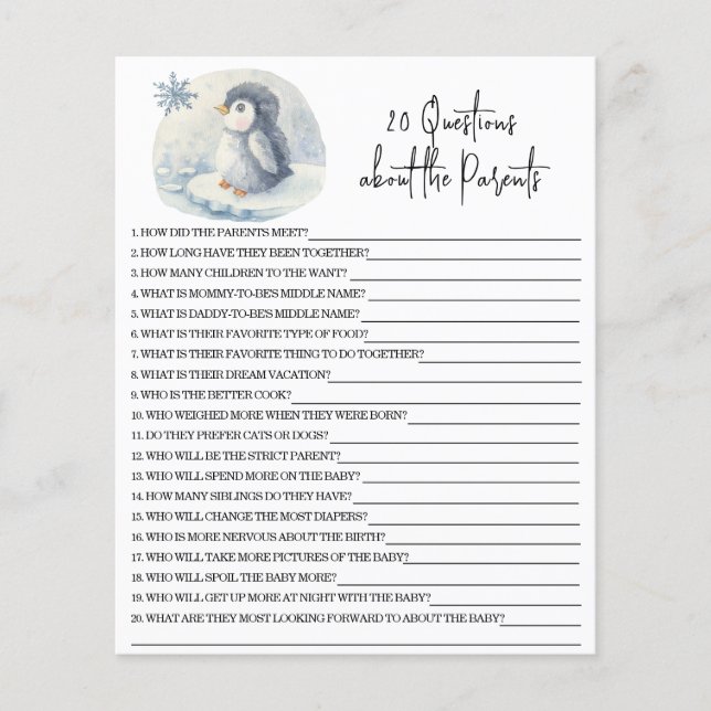 20 Questions about the Parents baby shower game (Front)
