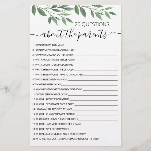 20 Questions about the Parents Baby Shower game (Front)