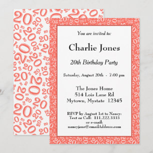 20 - Random Number Pattern Coral/White 20th Event Invitation