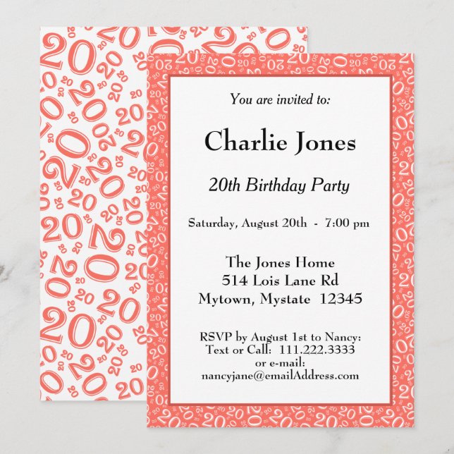 20 - Random Number Pattern Coral/White 20th Event Invitation (Front/Back)