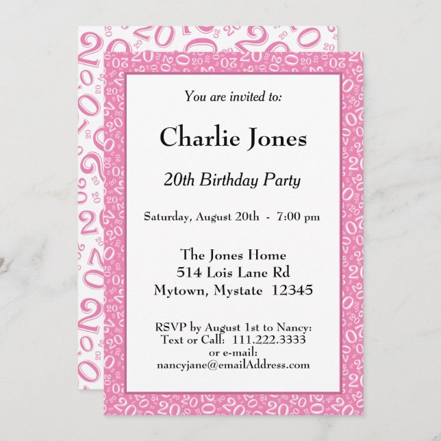 20 - Random Number Pattern Pink/White 20th Event Invitation (Front/Back)