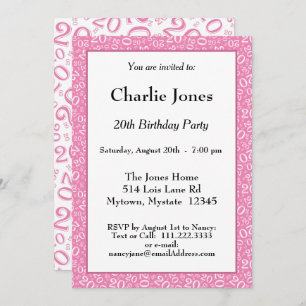20 - Random Number Pattern Pink/White 20th Event Invitation