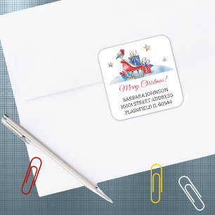 20 Red Sleigh & Gifts, Christmas Address Return Square Sticker