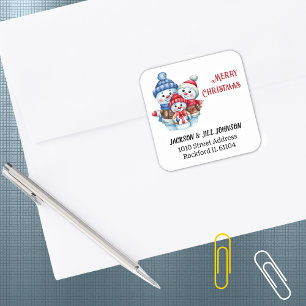 20 Return Address Blue Red Snowman Family Square Sticker