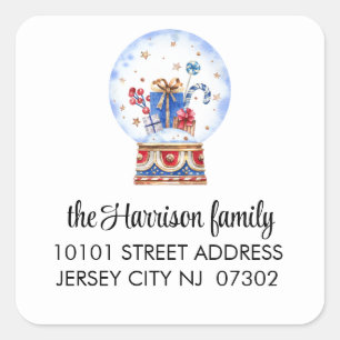 20 Snow Globe Return Address Blue Red Christmas Square Sticker