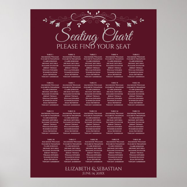 20 Table Elegant Burgundy Wedding Seating Chart (Front)