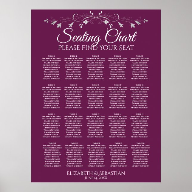 20 Table Elegant Cassis Wedding Seating Chart (Front)