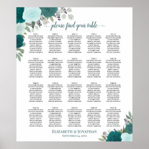 20 Table Elegant Teal Floral Wedding Seating Chart