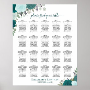 20 Table Elegant Teal Floral Wedding Seating Chart