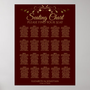 20 Table Gold & Auburn Brown Wedding Seating Chart
