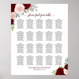 20 Table Red & Pink Floral Wedding Seating Chart