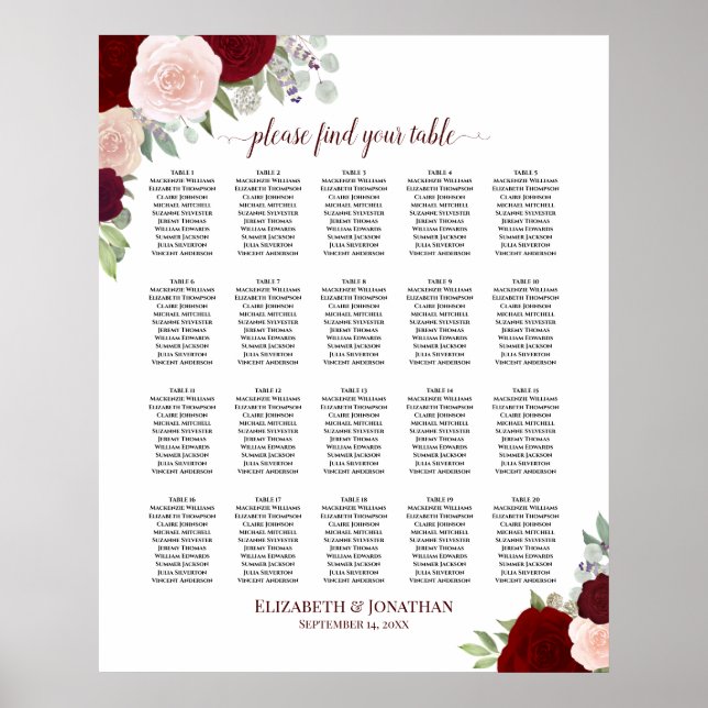 20 Table Red & Pink Floral Wedding Seating Chart (Front)