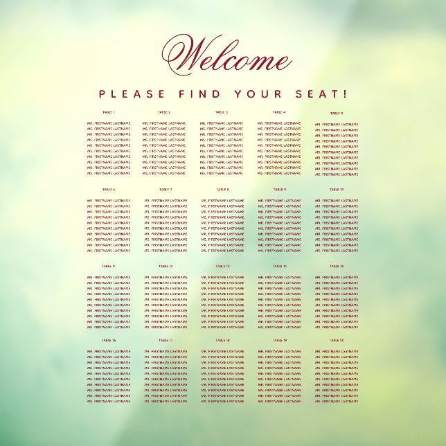 20 Table Seating Chart Transparent Burgundy Script (Sheet 3)