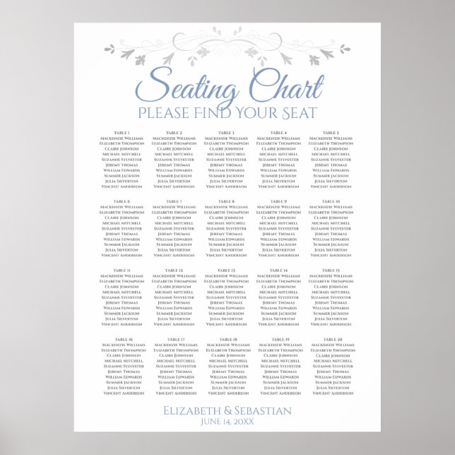 20 Table Simple Blue & Grey Wedding Seating Chart (Front)