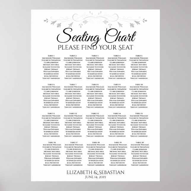 20 Table Simple Elegant Wedding Seating Chart (Front)