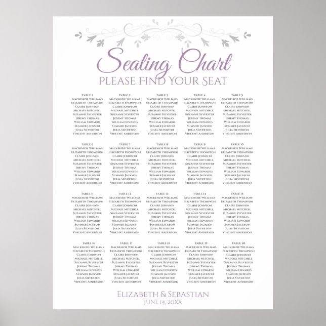 20 Table Simple Purple Grey Wedding Seating Chart (Front)