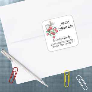 20 Watercolor Mistletoe Return Address Christmas Square Sticker