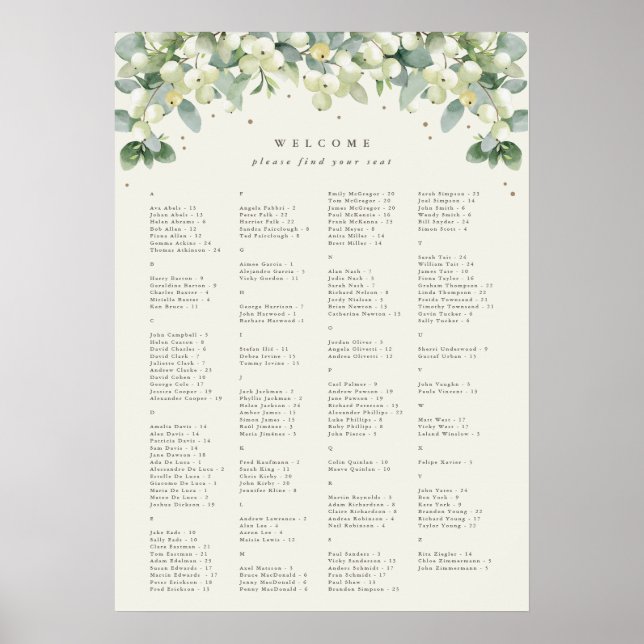 20 x 28" Alphabetical Seating Chart for 150 People (Front)