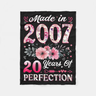 20 Year Old Made In 2007 Floral 20th Birthday Fleece Blanket