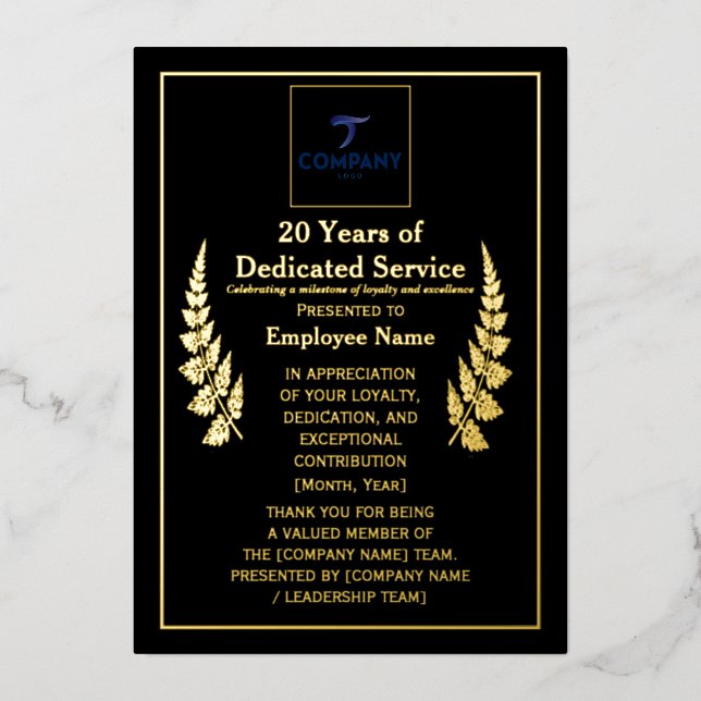 20 Years of Dedicated Service Award Custom Foil  (Front)