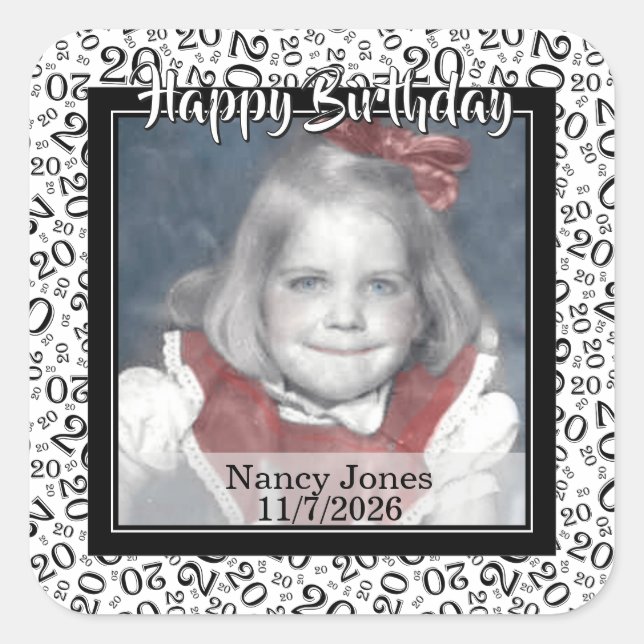 20 Your Photo Random Number Pattern Black/White Square Sticker (Front)