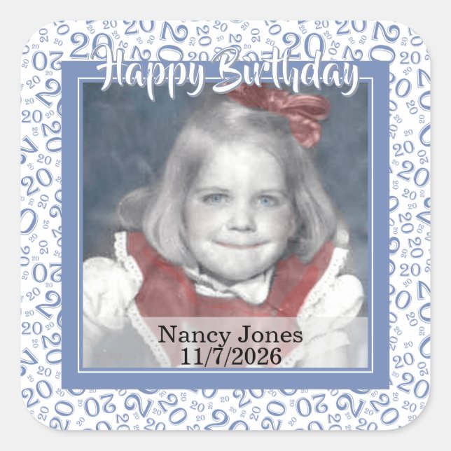 20 Your Photo Random Number Pattern Blue/White Square Sticker (Front)