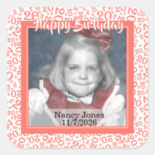 20 Your Photo Random Number Pattern Coral/White Square Sticker