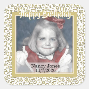 20 Your Photo Random Number Pattern Gold/White Square Sticker