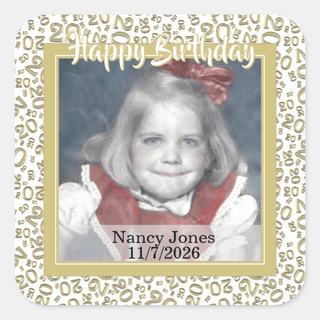 20 Your Photo Random Number Pattern Gold/White Square Sticker (Front)
