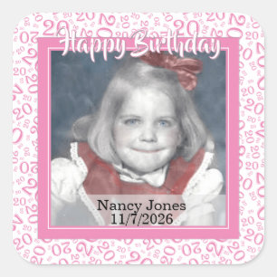 20 Your Photo Random Number Pattern Pink/White Square Sticker