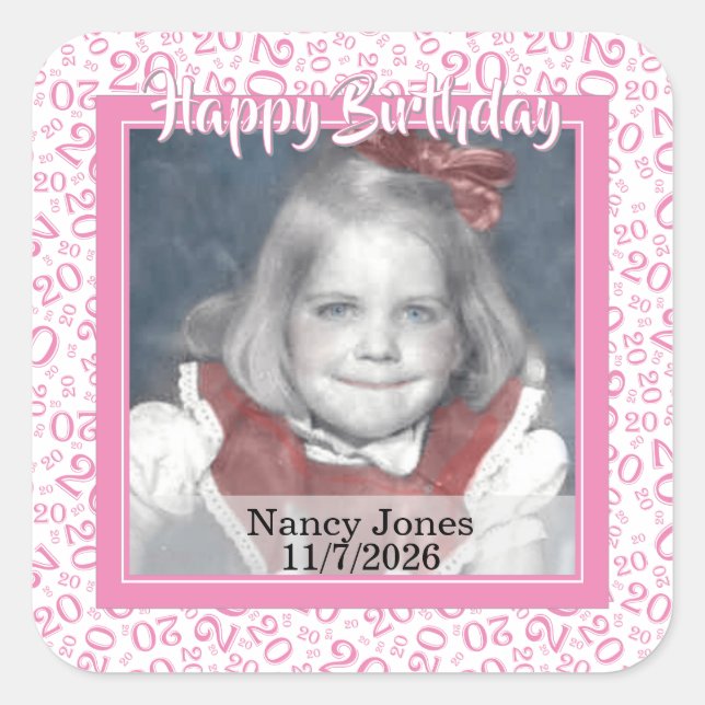 20 Your Photo Random Number Pattern Pink/White Square Sticker (Front)