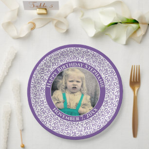 20 Your Photo Random Number Pattern Purple/White Paper Plate