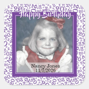 20 Your Photo Random Number Pattern Purple/White Square Sticker