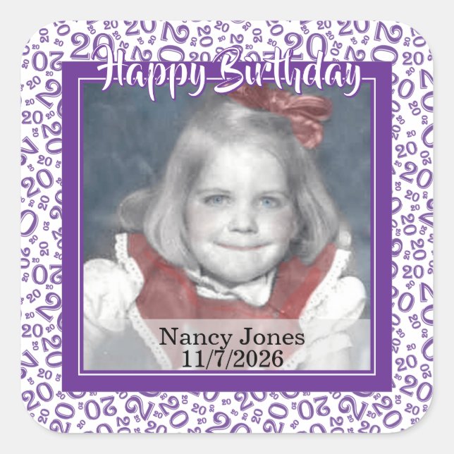 20 Your Photo Random Number Pattern Purple/White Square Sticker (Front)