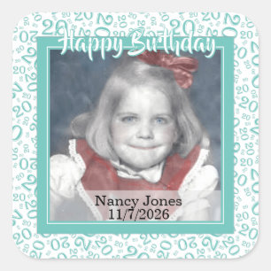 20 Your Photo Random Number Pattern Teal/White Square Sticker
