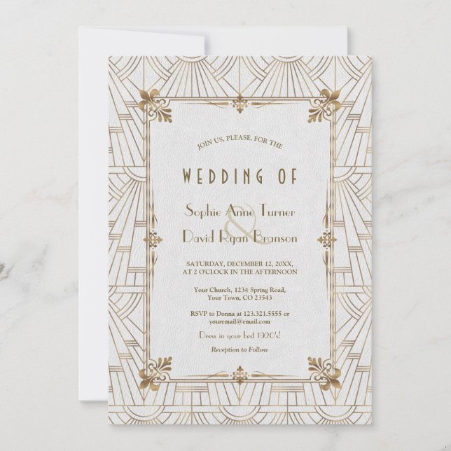 20s Royal Fleur-de-Lis Art Deco Gold White Wedding Invitation (Front)
