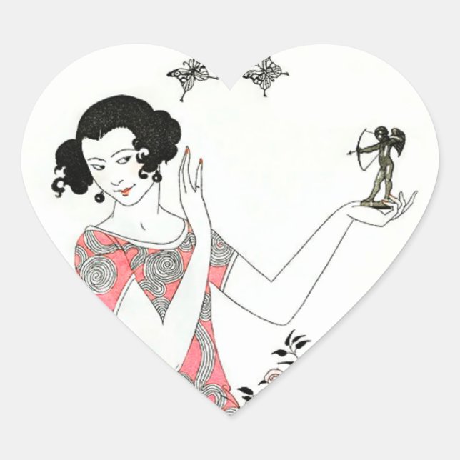 20s Vintage Fashion Illustration Cupid & Woman Heart Sticker (Front)