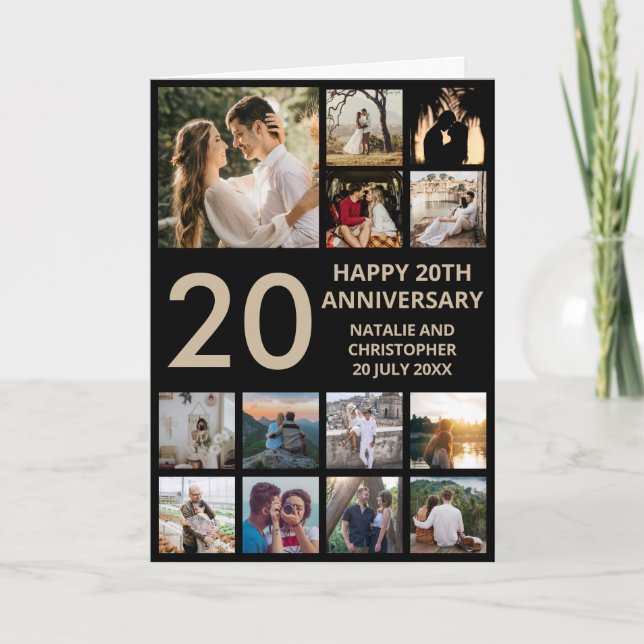 20th Anniversary 13 Photo Collage Black and Gold Card (Front)