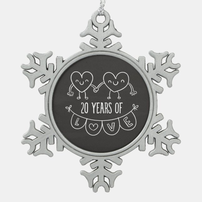 20th Anniversary Gift Chalk Hearts Snowflake Pewter Christmas Ornament (Front)