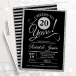 20th Anniversary Party - Silver Black Invitation<br><div class="desc">20th wedding anniversary party invitation in faux glitter silver and black. Printed invite card featuring elegant typography script font and stripes on the back. Cheers to 20 years! Can be customized to any year of anniversary. Perfect for a stylish 20th anniversary celebration.</div>