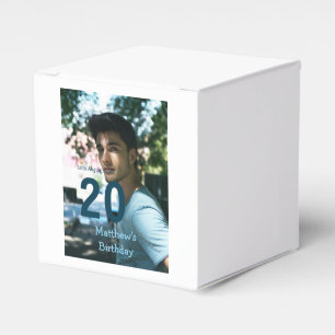 20th birthday add name photo date man blue white s favour box