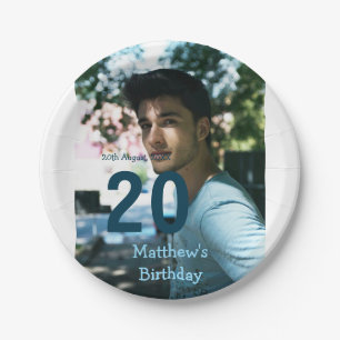 20th birthday add name photo date man blue white s paper plate